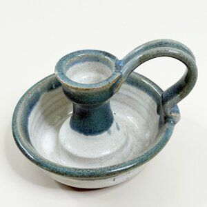 VTG Studio Pottery Chamberstick Candle Holder Signed Blue Ivory Stoneware EUC